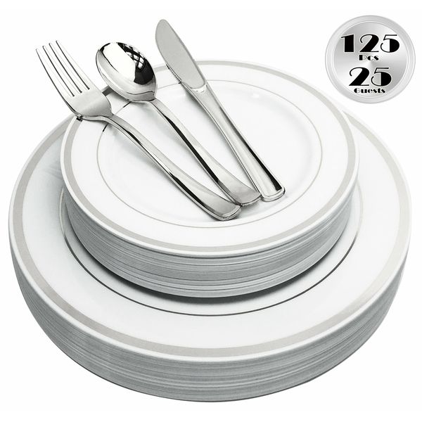 125 Piece Silver Plates & Cutlery Set, Reusable & Recyclable, Elegant Party Set