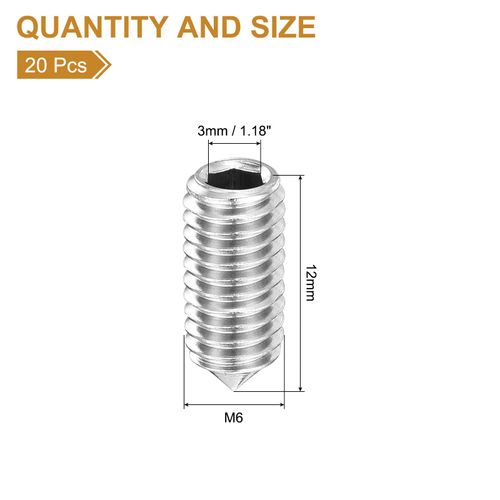 uxcell 20Pcs Set Screws M6x12mm 304 Stainless Steel Cone Point Hex Socket Grub Screws for Machinery, Home Repairs, and Fixtures Silver