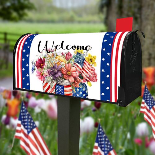 4th of July Patriotic Mailbox Covers Magnetic Standard Size 21" X 18" Waterproof Welcome American Red Blue Floral Mailbox Wraps Post Letter Box Cover for Garden Yard Home Decor Outdoor Decorations