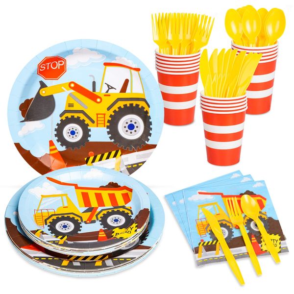 DECORLIFE Construction Birthday Party Supplies Serves 16, Party Plates and Cups and Napkins Sets, Knives, Forks, Spoons Included,for Boy Birthday Party Decorations, Total 112pcs