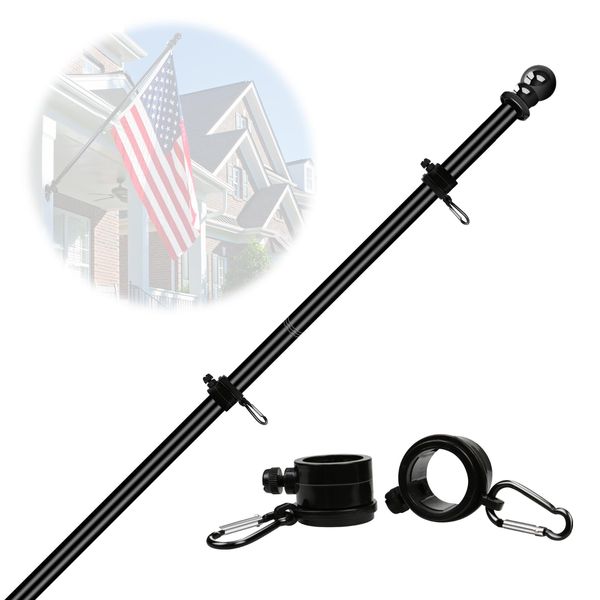 NQ 5FT Flag Poles for Outside House with Flag Pole Rings, House Flag Poles for Porch, Tangle Free Yard Flag Pole Kit, Porch Flag Pole Residential, Heavy Duty Outdoor Flag Pole (Black)