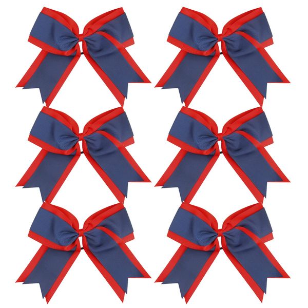 8 Inch 2 Colors Cheerleader Bows 2 Layers 6 Pcs Ponytail Holder Cheerleading Bows Hair Elastic Hair Tie (Red/Navy blue)