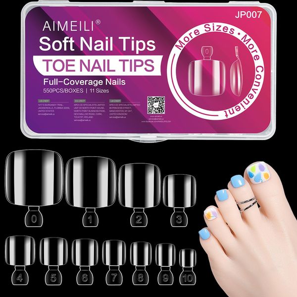AIMEILI Soft Gel Full Cover Toe Nail Tips, 550PCS Clear Gel Nail Tips False Nail Artificial for Nail Extension, Acrylic False Press on Nails with Case for Nail Art Salon and Home DIY, 11 Sizes 007