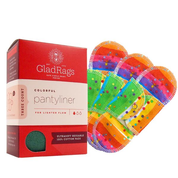 GladRags Reusable Pantyliner (3-Pack) - 100% Cotton Reusable Menstrual Pads, Washable Absorbent Pantyliners, Light Flow Period Pads, Washing Machine Safe