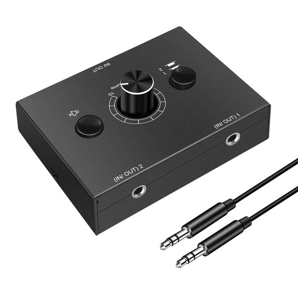 3.5mm Audio Switcher, 2 Input 1 Output / 1 Input 2 Output Audio Splitter Switcher, Audio Switcher Box, One-Key Mute Button, No External Power Required