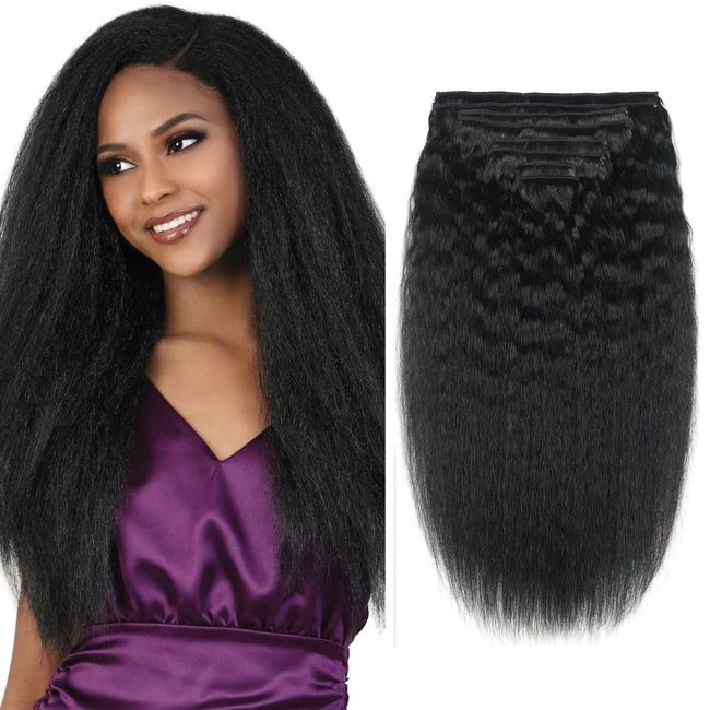 Yacurcur Kinky Straight Clip in Hair Extensions Real Human Hair for Black Women Full Head 8A Brazilian Virgin Human Hair Kinky Straight Clip ins Natural Black Color 8pcs/set 18 Inch