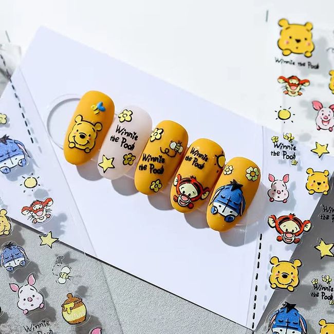 Dedyel New 5D Embossed Cartoon Nail Art Sticker Decals Honey Pooh CartoonNail Art Stickers Cute Cartoon Bear Self-Adhesive Nail Art Stickers for Nail Art DIY Decoration for Women Men Kids Manicure Decoration(3 Sheets)