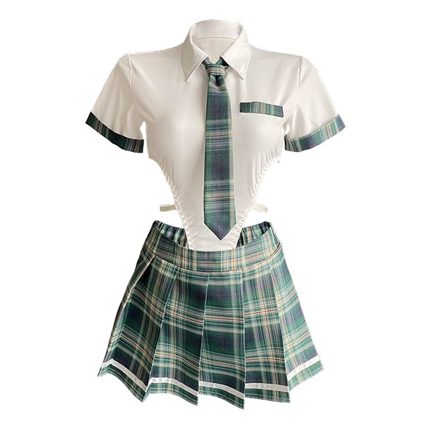 SINGUYUN School Girl Outfit for Women Roleplay Sailor Suit Sexy Cosplay Lingerie Pleated Skirt JK Costumes with Stockings (2715Green)