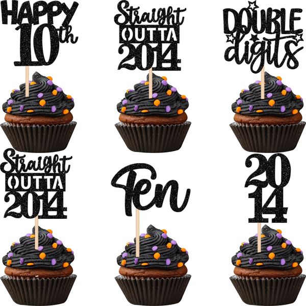 30PCS Black 10th Birthday Cupcake Toppers Glitter Ten Happy 10th Straight Outta 2014 Cupcake Picks for Cheers to 10 Years 10th Birthday Wedding Anniversary Party Cake Decorations Supplies