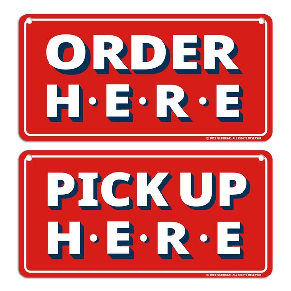 GEEKBEAR Order Here and Pick Up Here Signs (Red) - Order & Pick Up Signs (Red) - Order Premium Pick Up Sign with Special Ceiling Mount Hook - 12" X 6" - 2 Pack