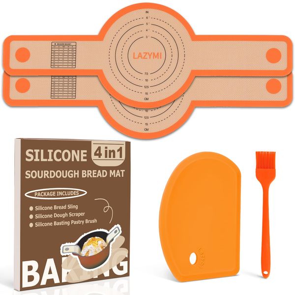 Lazymi 2PCS Silicone Bread Sling for Dutch Oven, Reusable Bread Baking Mat with Long Handle for Transferring Sourdough, Baking Sling with Dough Scraper&Silicone Brush for Bread Baking, Orange