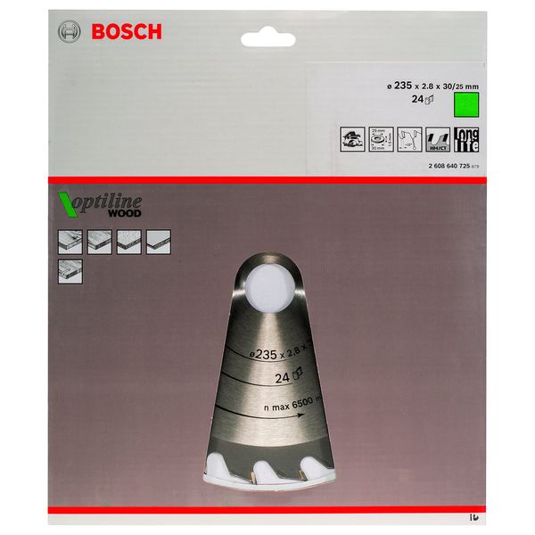 Bosch Accessories 2608640725 Optiline Wood Circular Hand Saw Blade, 235mm x 2.8mm x 30mm, 24 Teeth, Silver