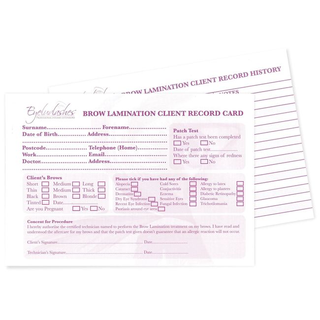 Brow Lamination Client Record Cards - A6 Size - Pack of 50. Eyeluvlashes Brand Brow Lamination Client History