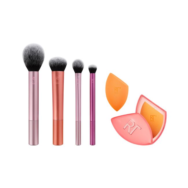 Real Techniques Makeup Brush Set with Travel Sponge Blender for Eyeshadow, Foundation, Blush, and Concealer, Set of 7