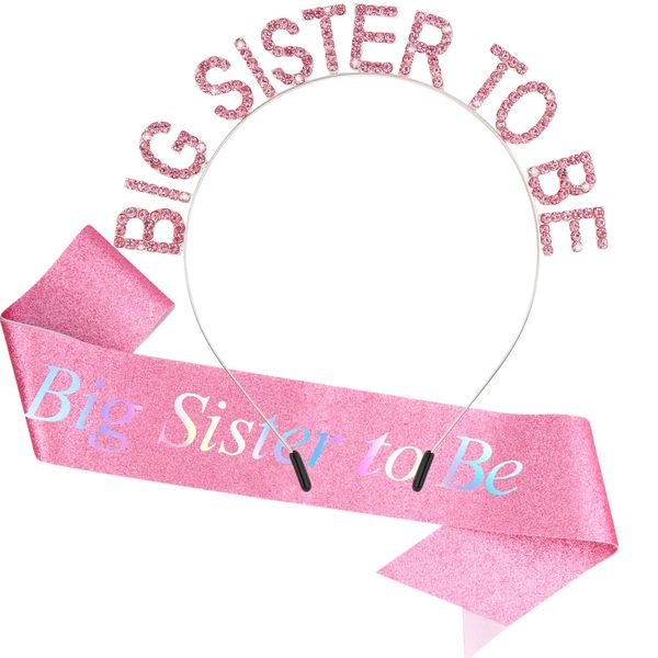 Chanaco Big Sister Gifts for Girls Pink Metal Rhinestone Crown Headband Satin Sash Big Sister to Be Accessory Set Announcement Party Decorations Cute Sibling Gift (Silver)