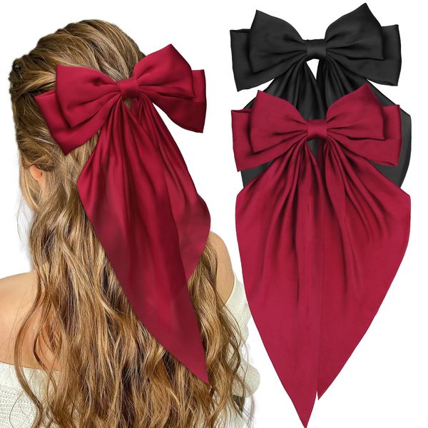 YISSION 2Pcs Big Silky Hair Bows Clips for Women Girls Large Satin Bow Hair Clips Hair Barrettes Hair Ribbon with Long Tail Red Black Hair Clips Cute Hair Accessories for Women Girls