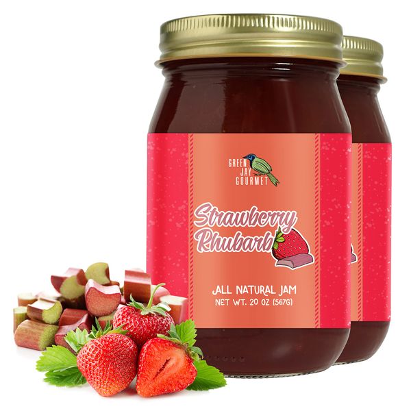 Green Jay Gourmet Strawberry Rhubarb Jam - All-Natural Fruit Jam with Strawberries, Rhubarb & Lemon Juice - Vegan, Gluten-free Strawberry Jam - Contains No Preservatives - Made in USA - 2 x 20 Ounces