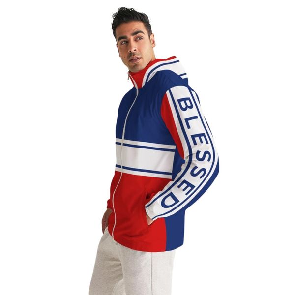 Mens Lightweight Windbreaker Jacket with Hood and Zipper Closure - Blessed Illustration - Multicolor / M