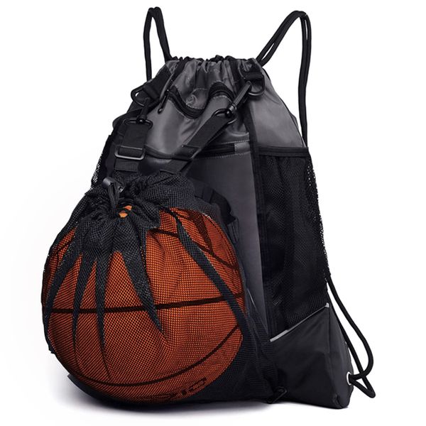 Basketball Bag, Ball Bag, Backpack, Basketball, Soccer Ball, Ball Case, Gym Sack, Knapsack, Sports Bag, Large Capacity, Water Repellent, Lightweight, For Club Activities, Exercise, Travel, Includes Mesh Bag (Gray)