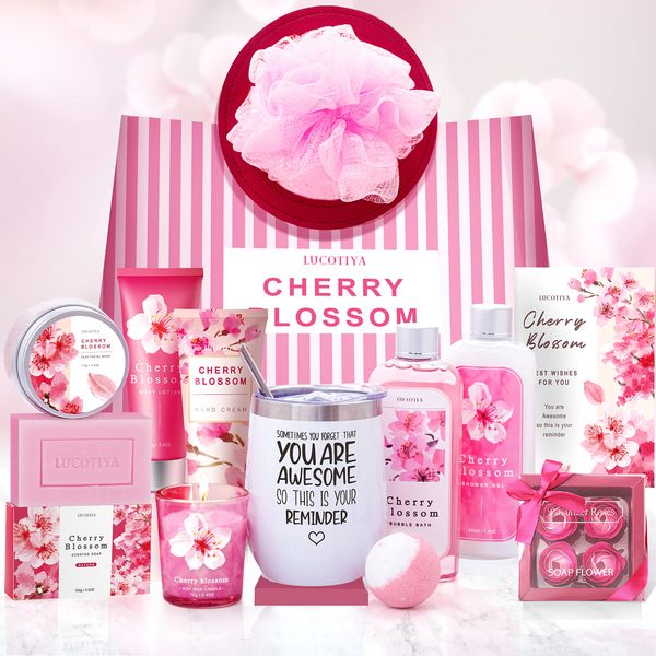 Bath and Body Works Gift Set with 14 Pcs Mother's Day, Birthday Gifts and Cherry Blossoms Self Care Package, Relaxing Spa Gift Basket for Women