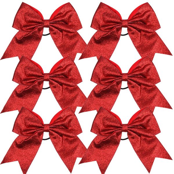 Cheerleader Bows Cheerleading 8 inch Sparkle Glitter Ponytail Holder Hair Tie School for High School College Girl Team Sports 6 Pcs … (Red)