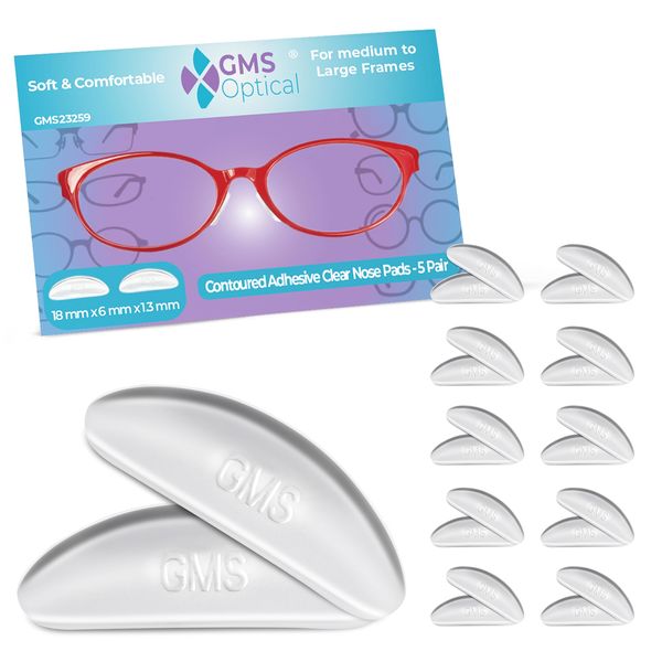 GMS Optical® Extra-Thin (1.3mm) Large-Length (18mm) Anti-Slip Adhesive Contoured Silicone Eyeglass Nose Pads with Super Sticky Backing - (5 Pair - 2 Pack) (10 Total Pairs) (Clear)