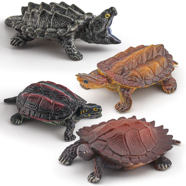 BRETOYIN Snapping Turtle Figurine 4PCS Snapping Turtle Toy Tortoises Figurines Plastic Little Turtles Figurines for Kids Party Favor Decoration American Turtles Collection