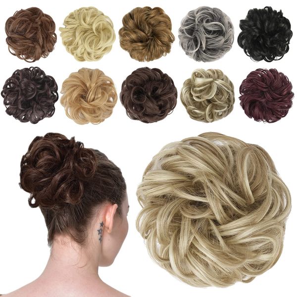 FESHFEN Hair Buns Hair Piece Hair Scrunchies for Women Thick Hair Extension Bun Messy Wavy Ponytail Hairpieces Updo Chignon 1PCS, Light Ash Brown & Bleach Blonde