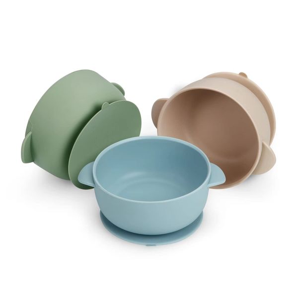 PandaEar Silicone Baby Bowls with Suction| 3 Pack Baby Suction Bowls for Baby Toddlers Infants Kids| Baby Food Feeding Bow Setl Food Grade Soft Safe BPA-Free (Brown/Blue/Green)