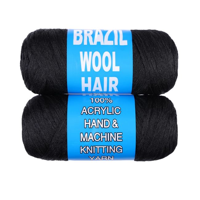 Samtress Brazilian Wool Hair Acrylic Yarn for African Crochet Braids Faux Locs Knitting Hair Synthetic Fiber Hair Extensions 2 Roll Natural Black (#Black)