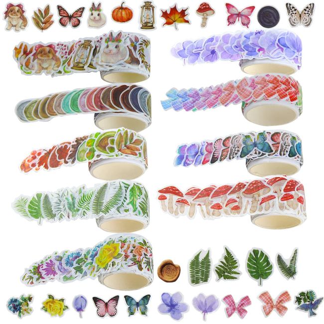 UGBO Washi Tape Set Masking Dekoratives Klebeband Vintage Washi Tape Sticker Buntes Blumenblütenblatt Pilze Tiere für DIY Handwerk Scrapbooking Bullet Journals Planer 9 Rollen