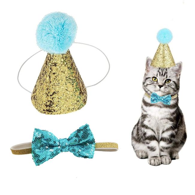 Christmas Pet Party Jazz Hat and Blingbling Bow Tie Breakaway Collar Set, Adjustable Headband for Kitten Puppy Small Dogs Cats (01 Light Blue)