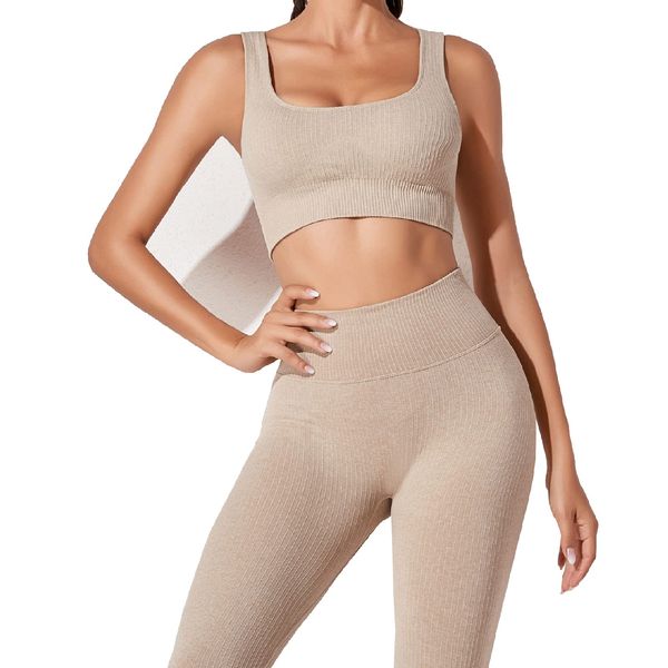 JN JANPRINT Workout-Outfits für Frauen 2-Teiliges Set,Nahtlos Yoga-Outfits Hohe Taille Leggings+Sport-BH Damen Trainingsanzüge Set(Khaki,L)