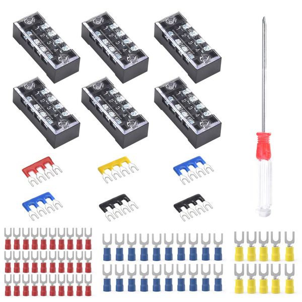 73Pcs(6Sets) Terminal Block Set, 6Pcs 4 Positions 600V 15A Dual Row Screw Terminal Strip Block + 6Pcs Pre-Insulated Terminals Barrier Strip + 60Pcs Insulated Fork Wire Connector by CGele…