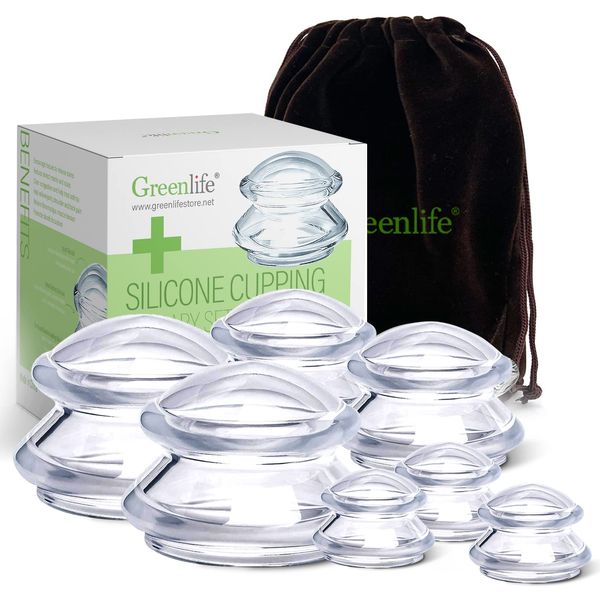 GreenLife® Cupping Therapy Sets -Silicone Cups Set Firm (7 pcs) for Muscle Soreness Pain Relief Body Neck Knee, Self Massage Tool, Deep Muscle Massager, Anti Cellulite Joint Pain Recovery