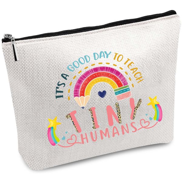 CREATCABIN Rainbow Canvas Makeup Bags Cosmetic Bag with Zipper Travel Pouch Toiletry Bag Purse for Women Teacher Friend Birthday Graduation Gifts10x7Inch-It's a Good Day to Teach Tiny Humans