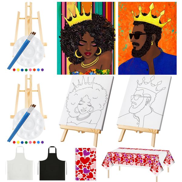 Yeaqee 13 Pcs Sip and Paint Kit Valentines Couple Painting Kit Supplies Canvas Painting Art Painting Set Pre Drawn Blank Stretch Canvas Kit for Couple Date Night Party (Afro King Queen,8x10)