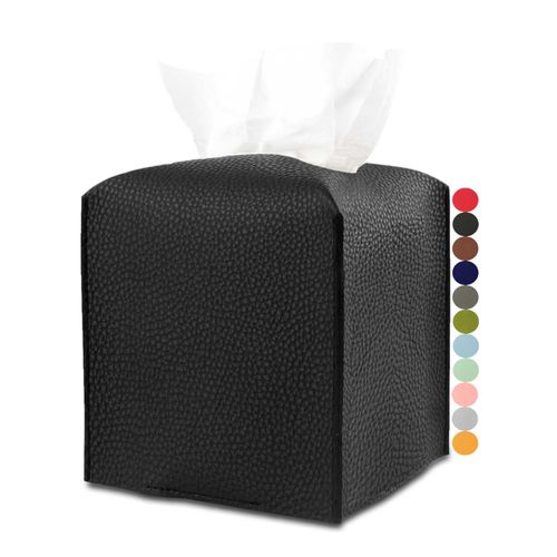 Leather Tissue Box Cover Square – Tissue Holder with Bottom Belt [JESMINI, Black] Aesthetic PU Leather Tissue Box Holder Decorative for Bathroom, Home Office Decor