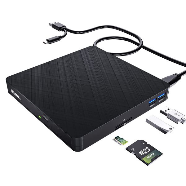 HATOKU Externes CD DVD Laufwerk, USB 3.0 & Type-C Tragbarer Brenner mit SD/TF Karte Reader und 2 USB Ports, optische für PC Desktop/Laptop/Linux/Mac/Windows 11/10/8/7(Schwarz)