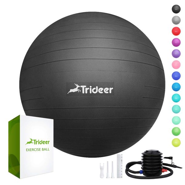 Trideer Extra Thick Yoga Ball Exercise Ball, 5 Sizes Ball Chair, Heavy Duty Swiss Ball for Balance, Stability, Pregnancy, Physical Therapy, Quick Pump Included (Black, L (58-65cm))