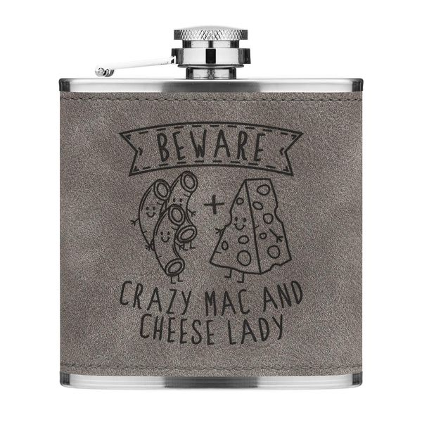 Beware Crazy Mac and Cheese Lady 6oz PU Leather Hip Flask Grey Luxe