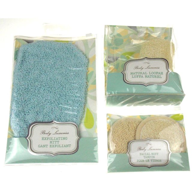 Body Luxuries Set 3 Exfoliating Mitt Natural Loofah Facial Buff Lot Cleanse Gift