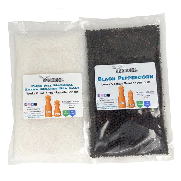 Yankee Traders Brand, Sea Salt and Whole Black Pepper Packs for Mill Grinders