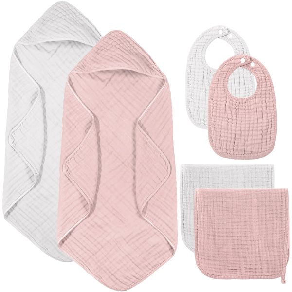 Hahafelt 6 Pcs Baby Hooded Towels Washcloths and Bibs Set Muslin Cotton Baby Bath Towels Soft Absorbent Baby Towels for Boys Girls Newborn Infant Essentials (Pink, Light Pink)