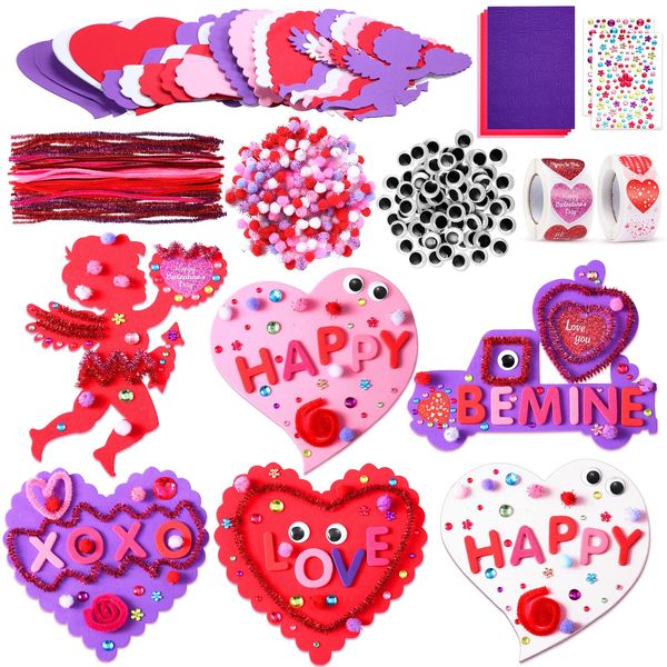 342 Packs Valentine's Day Foam Craft Set includes Assorted Shaped Foam Stickers Cutouts with Heart Alphabets Sticker Glitter Pom Poms Googly Eyes Chenille Stems Gem Stickers for DIY Party Favor