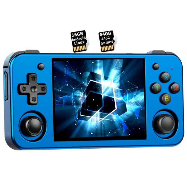 RG353M Handheld Game Console Aluminum Alloy CNC Support Dual OS Android 11+ Linux, 5G WiFi 4.2 Bluetooth 3.5 Inch IPS Multi-Touch Screen 64G TF Card 4420+ Classic Games(RG353M-Blue)