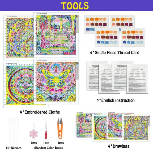 4 Pack Stamped Cross Stitch Kits-Floral and Animal Scenes Embroidery Kits for Beginners Adults,11 CT Patterns Dimensions Counted Cross Stitch Kits Arts Craft Kits 16x16inch