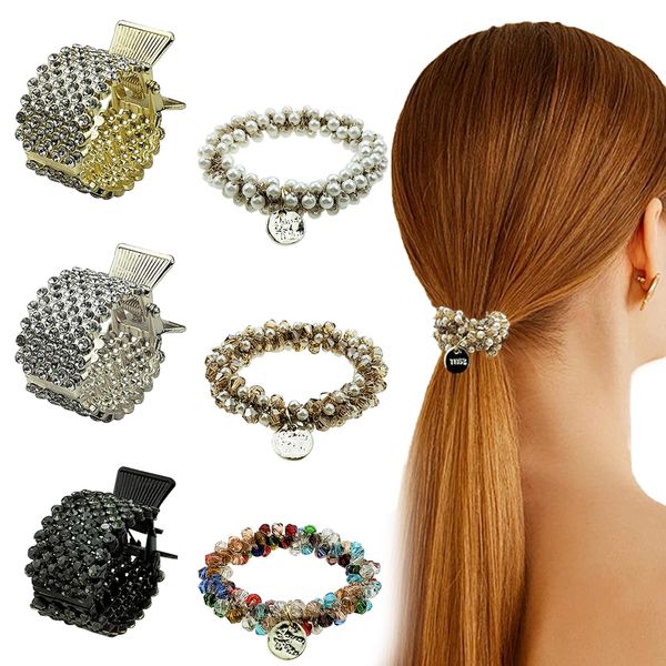 6 PCS Hair Accessories for Women,Hair Clips for High Ponytail Diamante Sparkly Hair, Pearl Hair Scrunchies Elastic Stretchy Hair Bands Hair Accessories for Women and Girls.