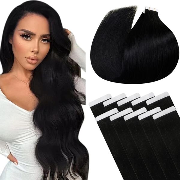 LaaVoo Echthaar Tape Extensions Schwarz Echthaar Extensions Tape 40cm Invisible Tapes Haarverlängerung Echthaar Schwarz Extensions Remy Human Hair Tape Echthaar Glatt 25g 10PCS #1