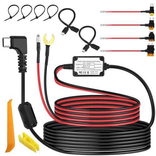 XMSJSIY Dash Cam Hardwire Kit USB Type-C Adapter Micro USB/Mini USB Hardwire Kit Car Dash Cam Charger Power Cord 12V-24V to 5V with 4 Fuse Tap Cable and Tool for GPS Navigator Radar Detector - 3.5M